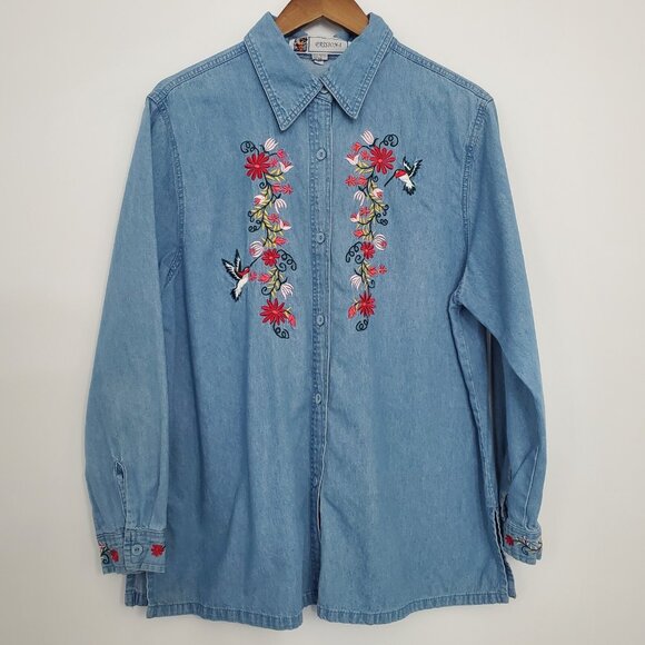 Passion-I Womens Floral Hummingbird Embroidered Button Front Denim Top Size XL - Picture 1 of 7
